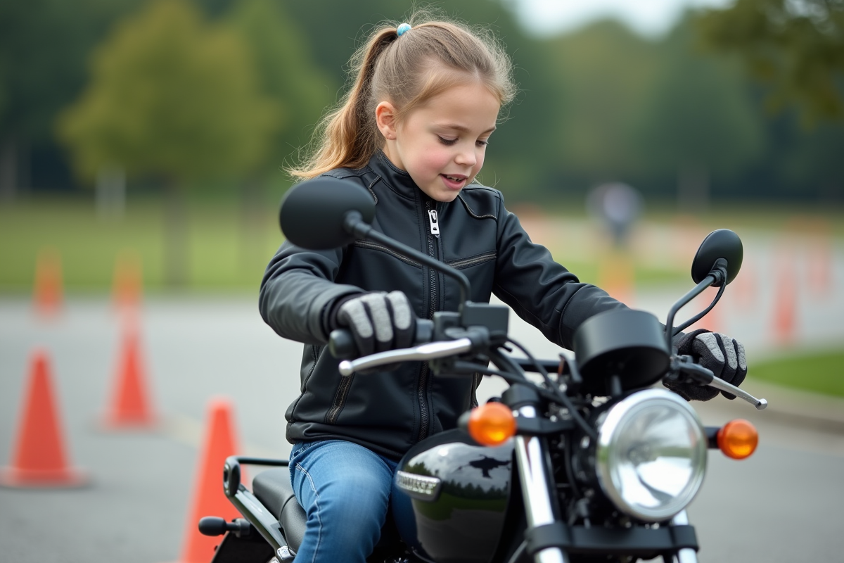 Fille de 12 ans vérifiant la moto dans un parc d