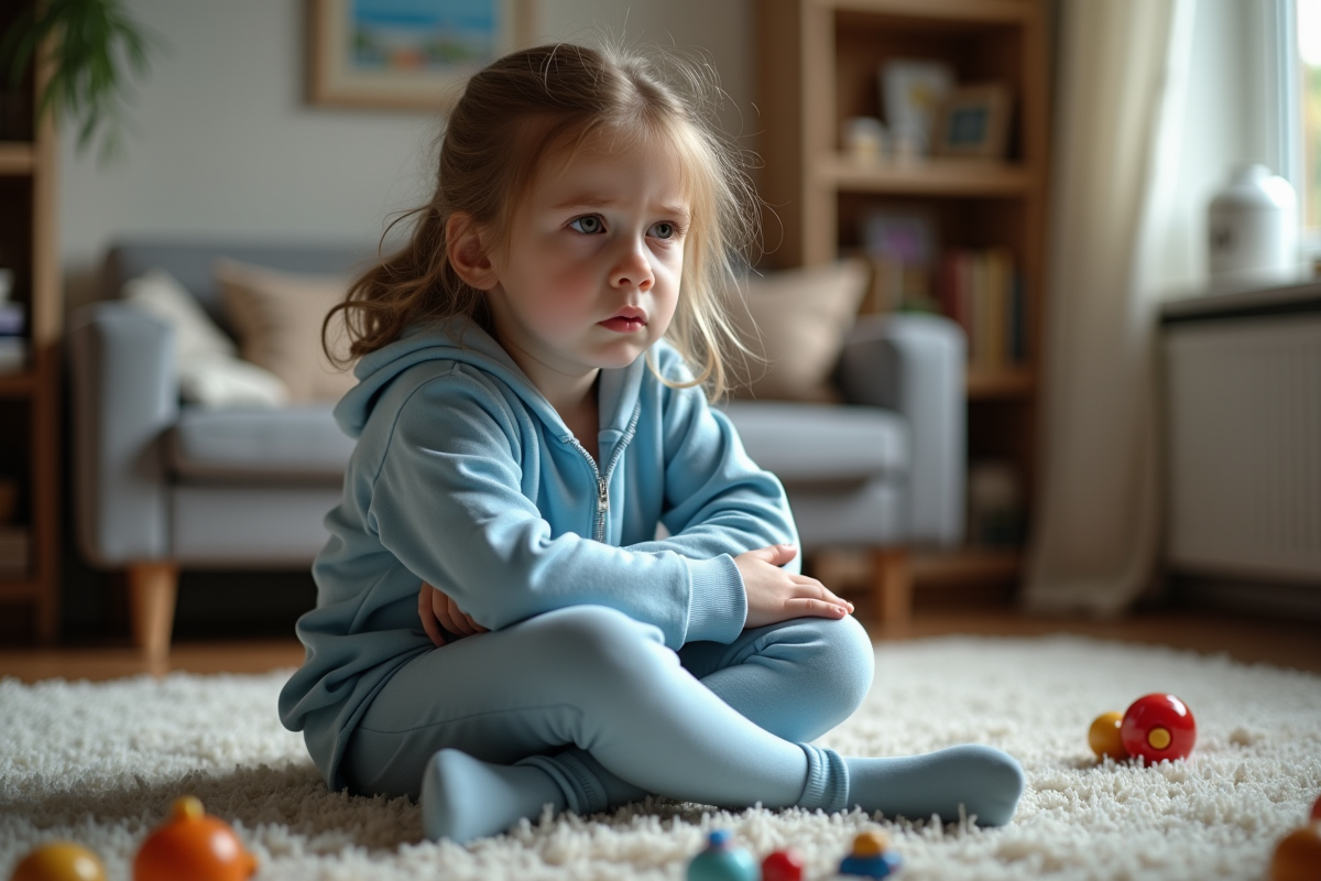 Fille de 8 ans assise sur un tapis avec jouets