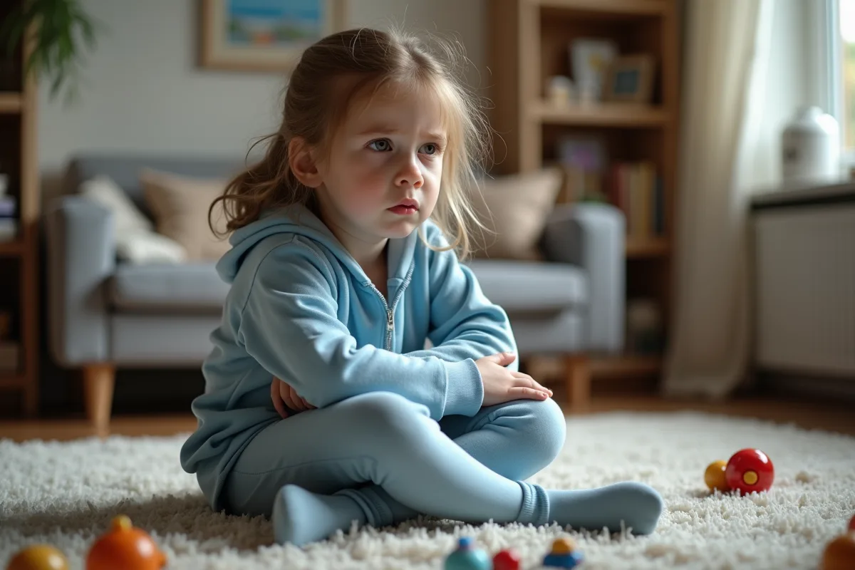 Fille de 8 ans assise sur un tapis avec jouets