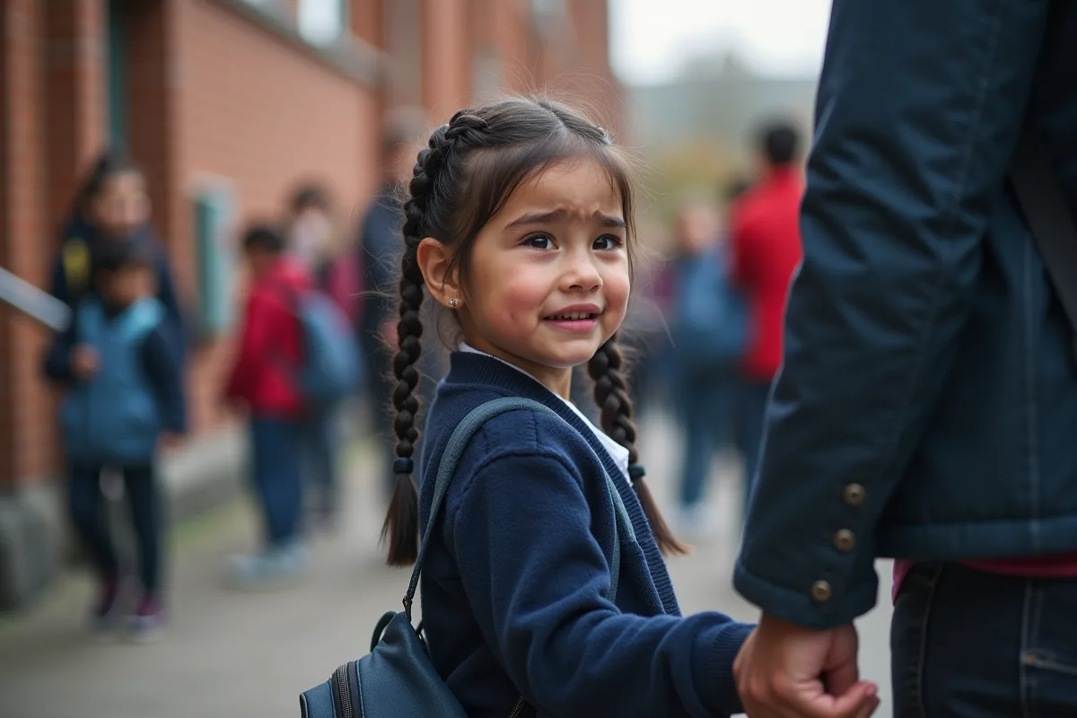 Fille de 6 ans avec tresses à l'école en pleurs