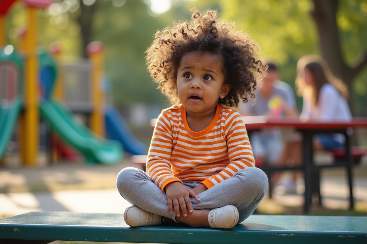 Fille de trois ans frustrée sur un banc de playground
