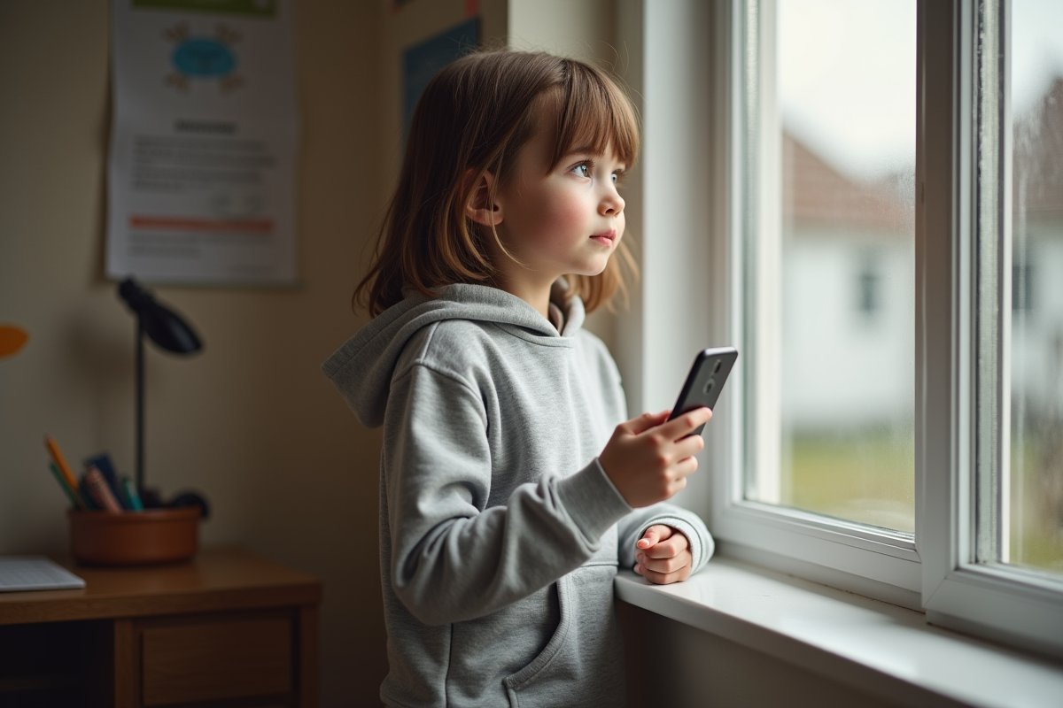 Fille de 10 ans regardant par la fenêtre dans sa chambre