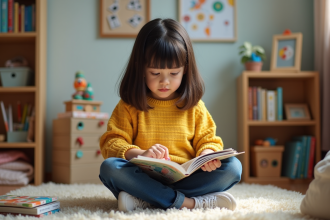 Jeune fille lisant un livre illustré dans sa chambre