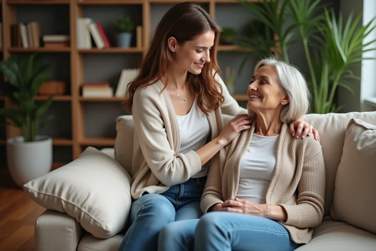 Fille massant doucement sa mère assise sur un canapé