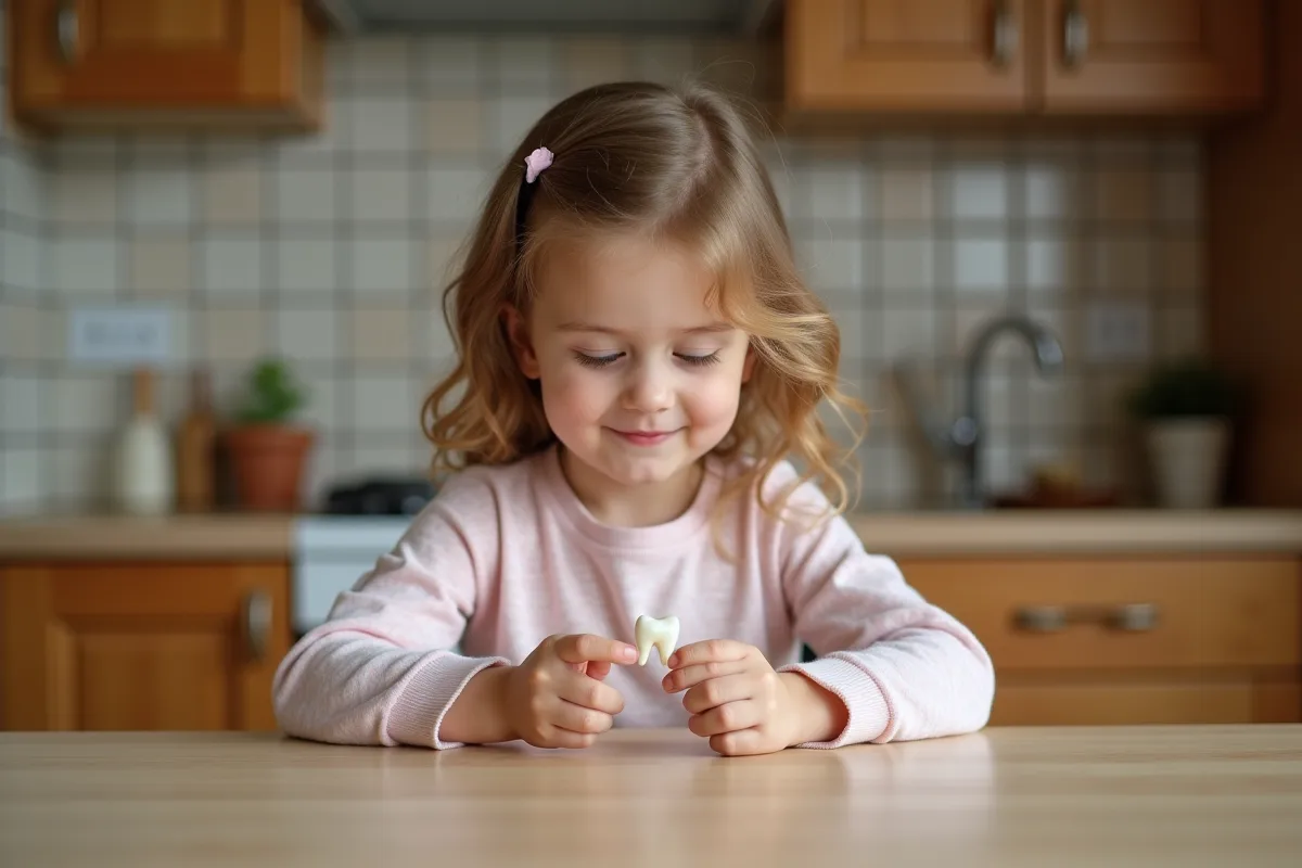 Petite fille regardant sa dent de lait perdue