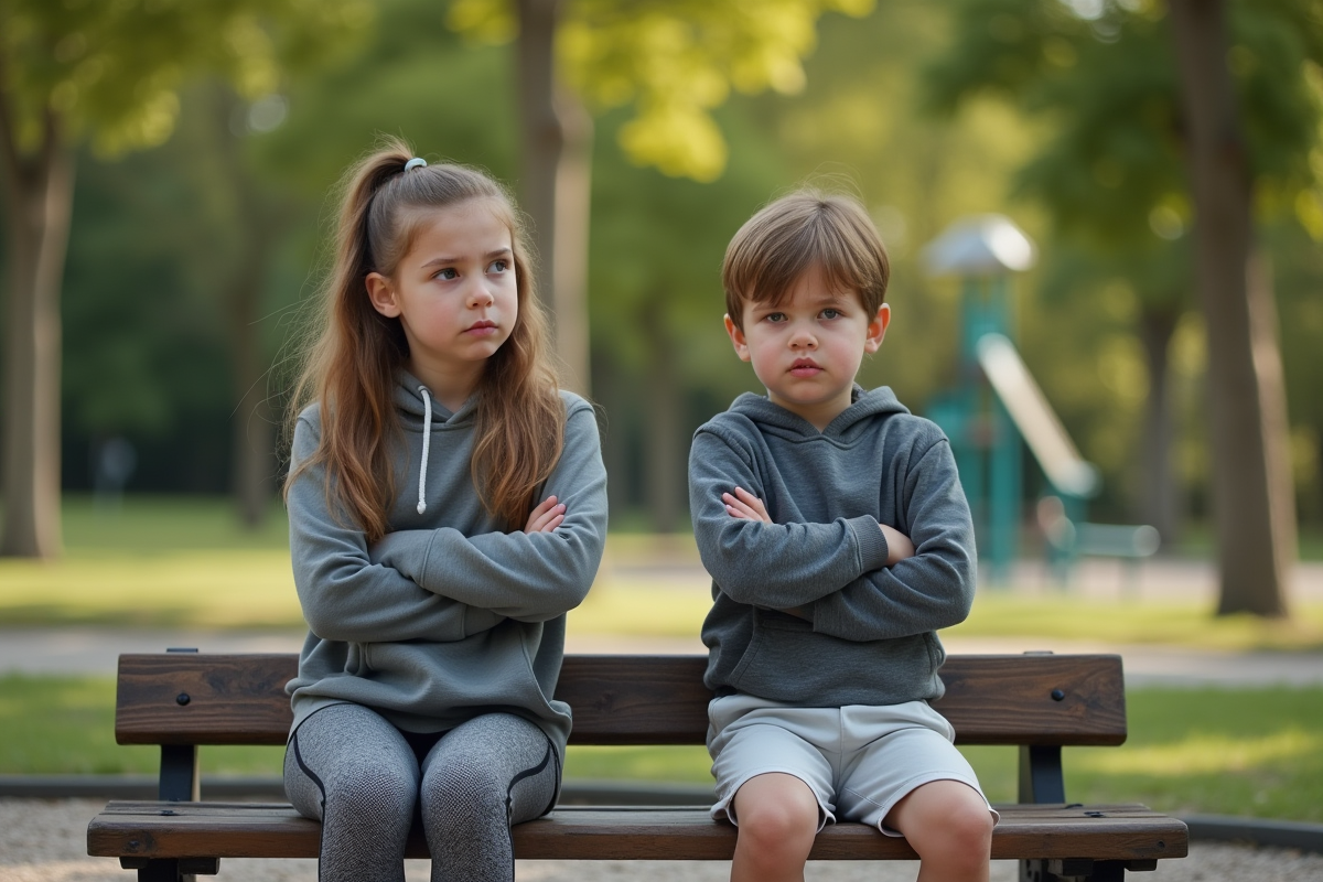 Un frère et une sœur assis sur un banc de parc évitant le regard