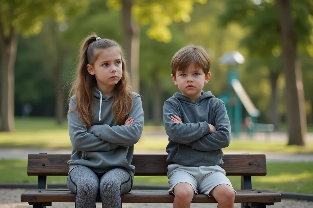 Un frère et une sœur assis sur un banc de parc évitant le regard