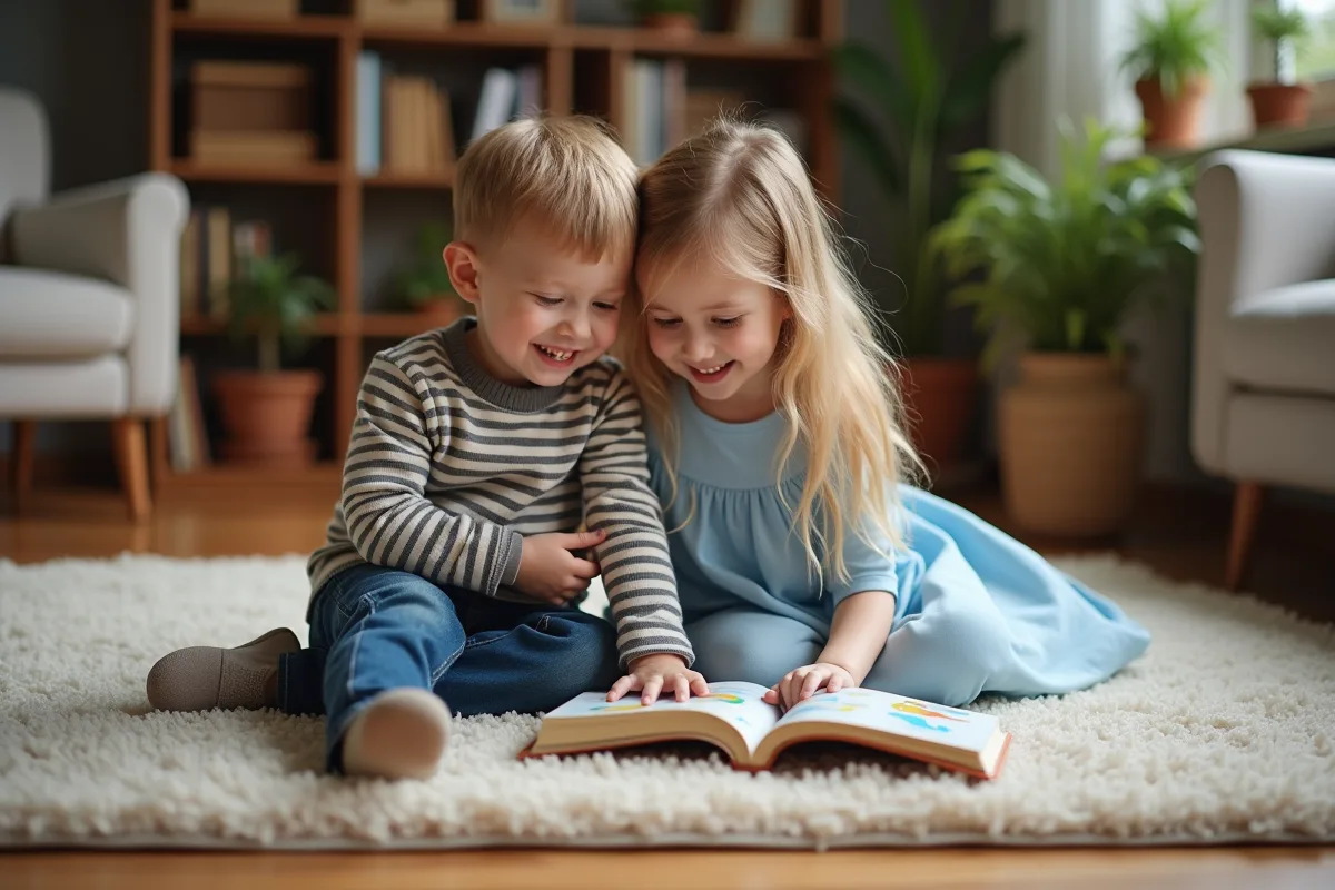 Deux jeunes enfants lisant un livre dans un salon chaleureux