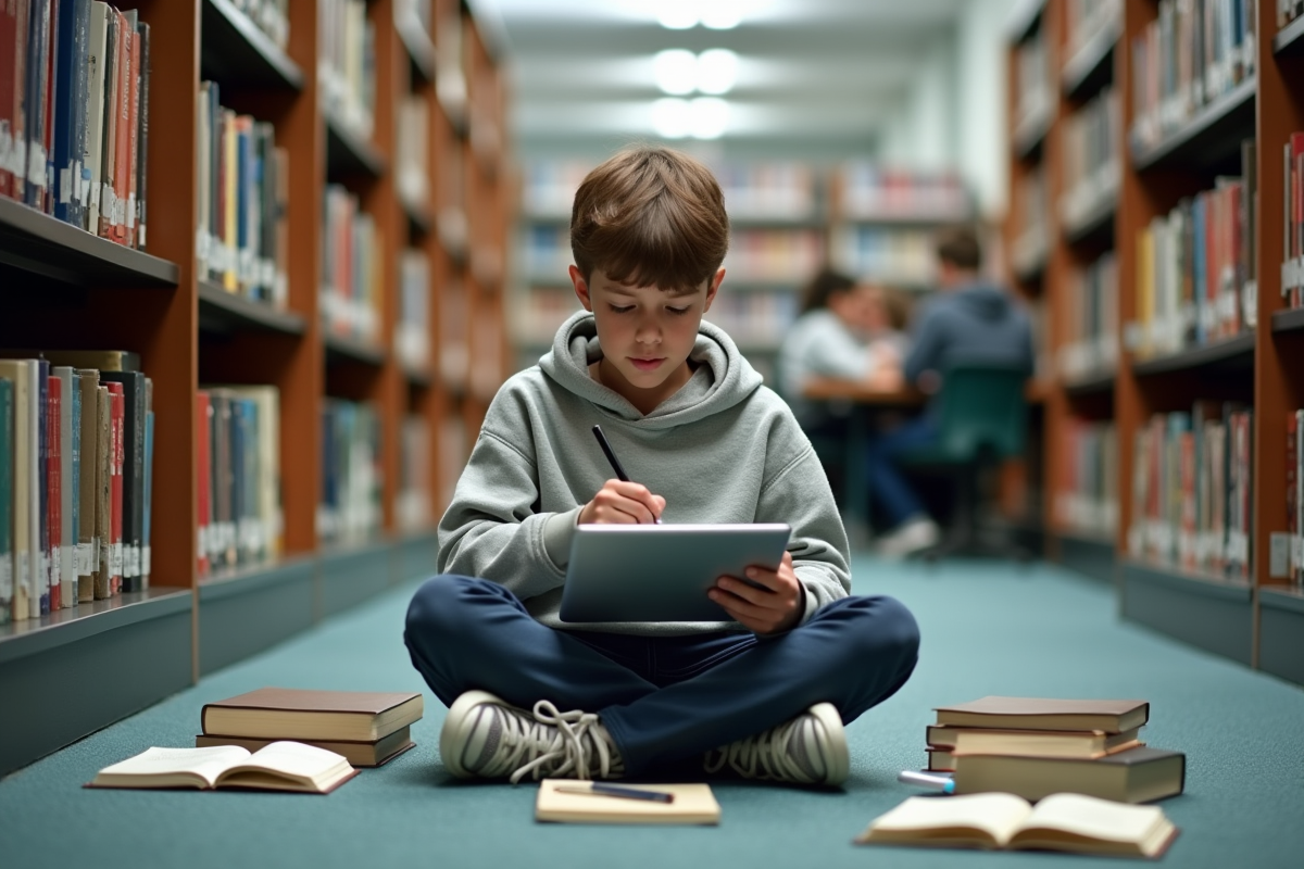 Garçon en hoodie étudie sur le sol d