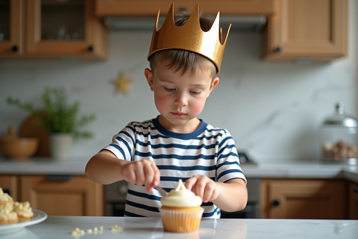 Garçon concentré à décorer un cupcake dans la cuisine