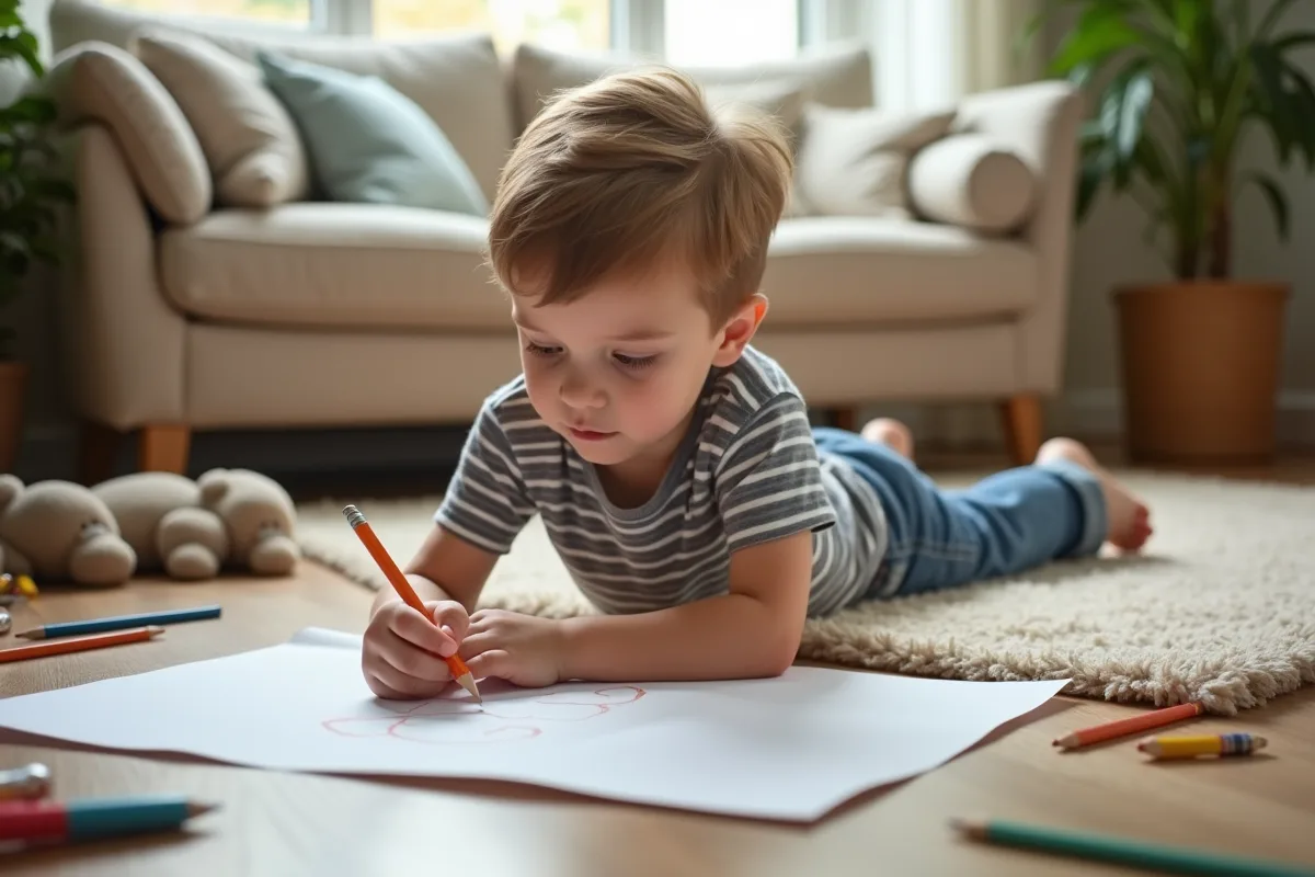 Jeune garçon de 7 ans dessinant avec des crayons de couleur sur le sol