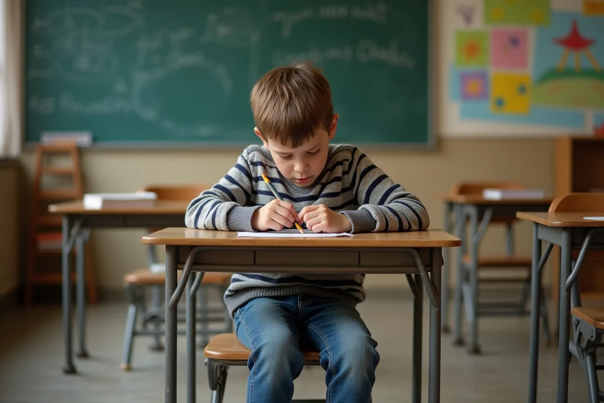 Garçon de 7 ans assis seul à son bureau scolaire