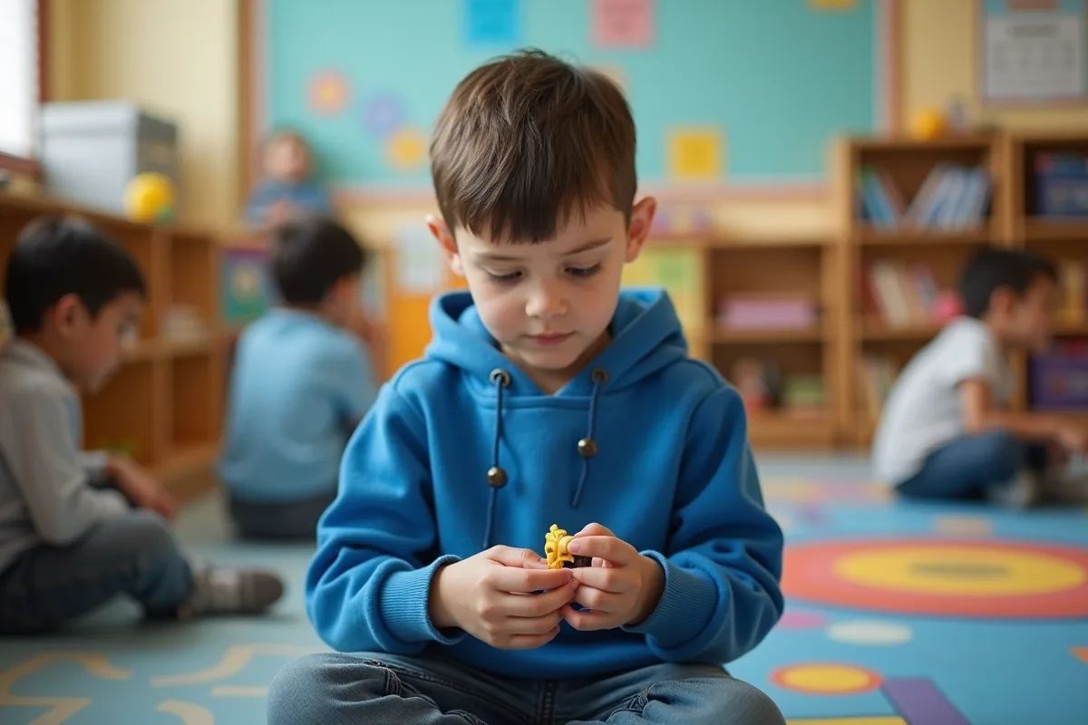 Jeune garçon assis en classe avec jouet en main