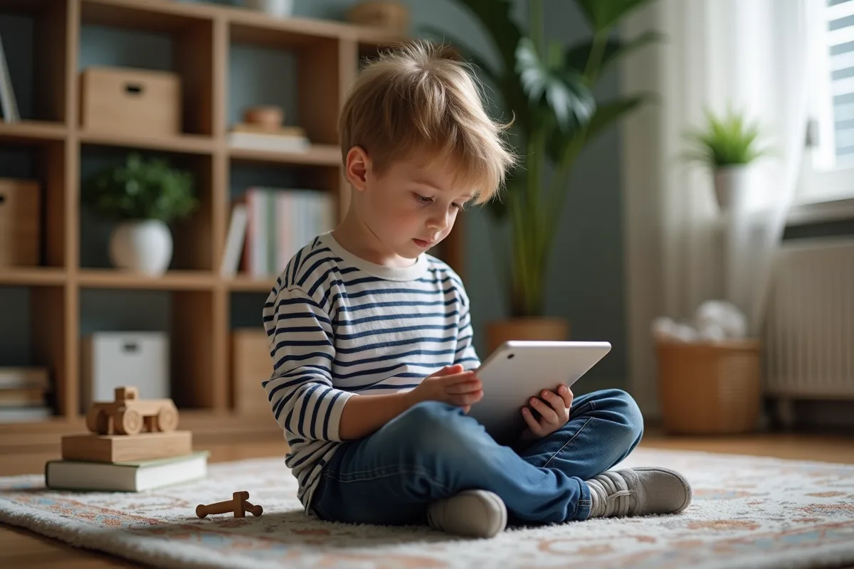 Garçon de 7 ans avec tablette dans un salon moderne