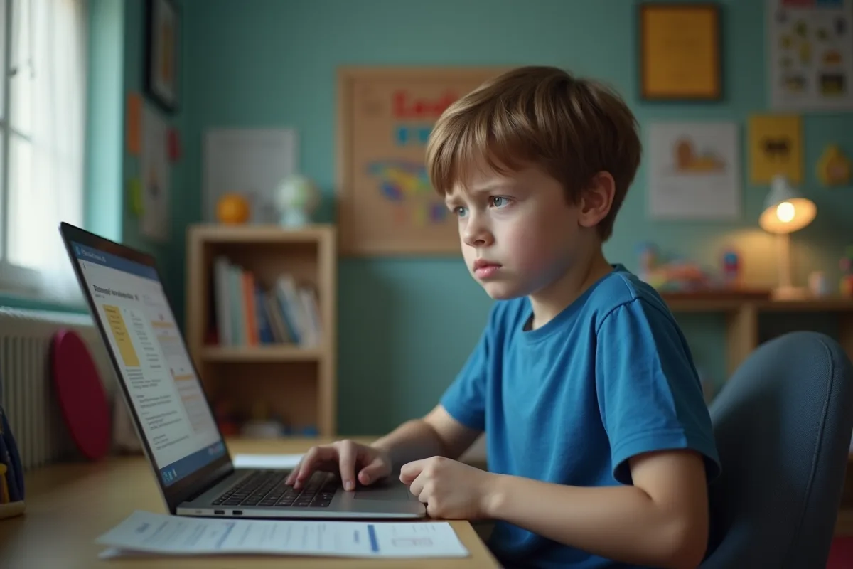 Garçon inquiet de 10 ans regardant son ordinateur à la maison