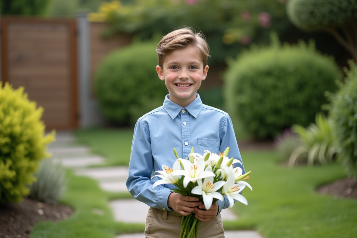 Garçon offrant un bouquet de lys blancs dans un jardin verdoyant