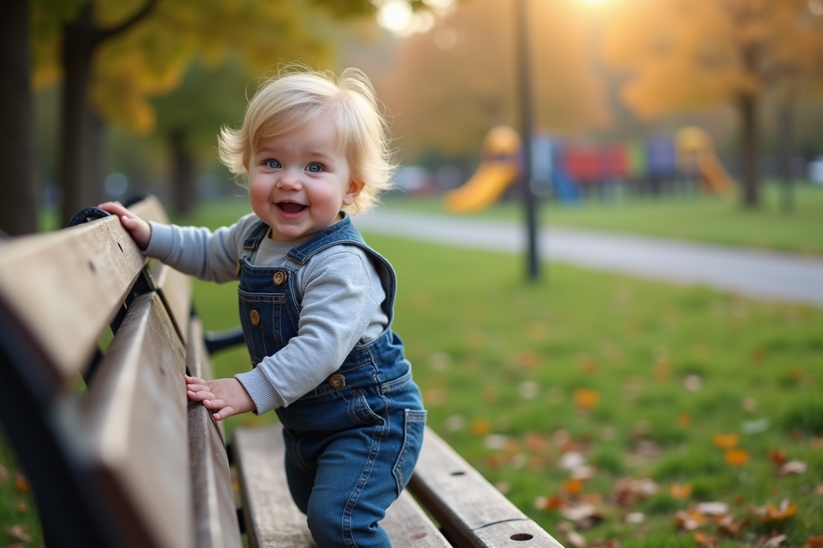 Garçon de dix mois tirant sur un banc dans un parc