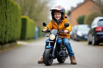 Garçon de 7 ans souriant avec casque coloré sur moto enfant
