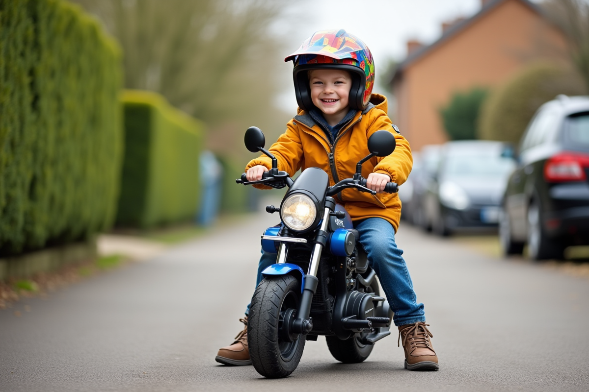 Garçon de 7 ans souriant avec casque coloré sur moto enfant