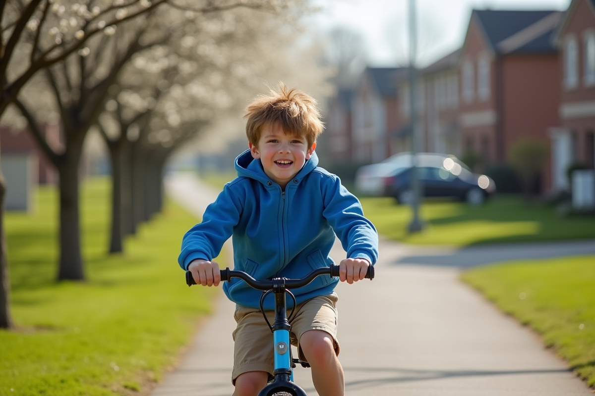 Garçon à vélo sur un chemin pavé dans un quartier résidentiel