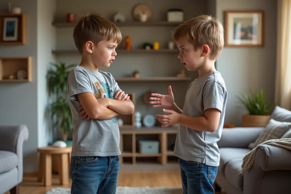 Deux jeunes garçons en dispute dans un salon familial