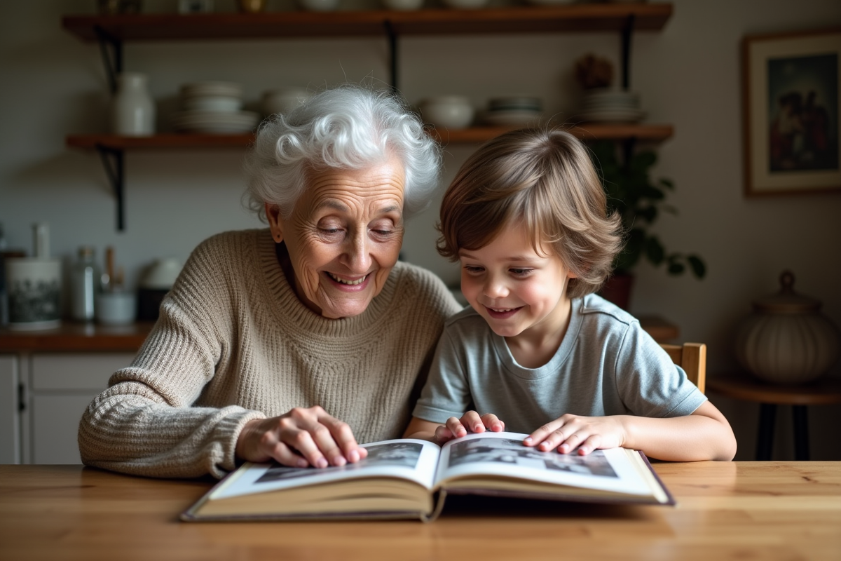 Grand-mère et enfant regardant un album photo