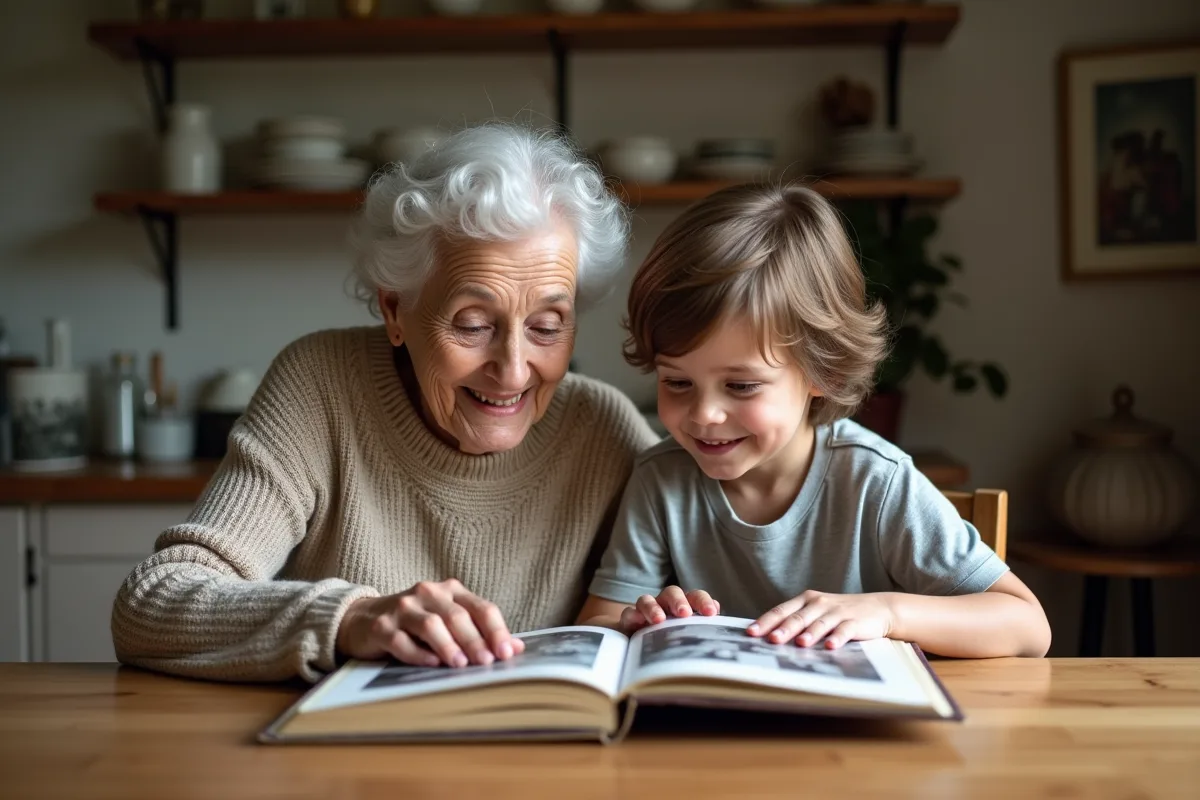 Grand-mère et enfant regardant un album photo