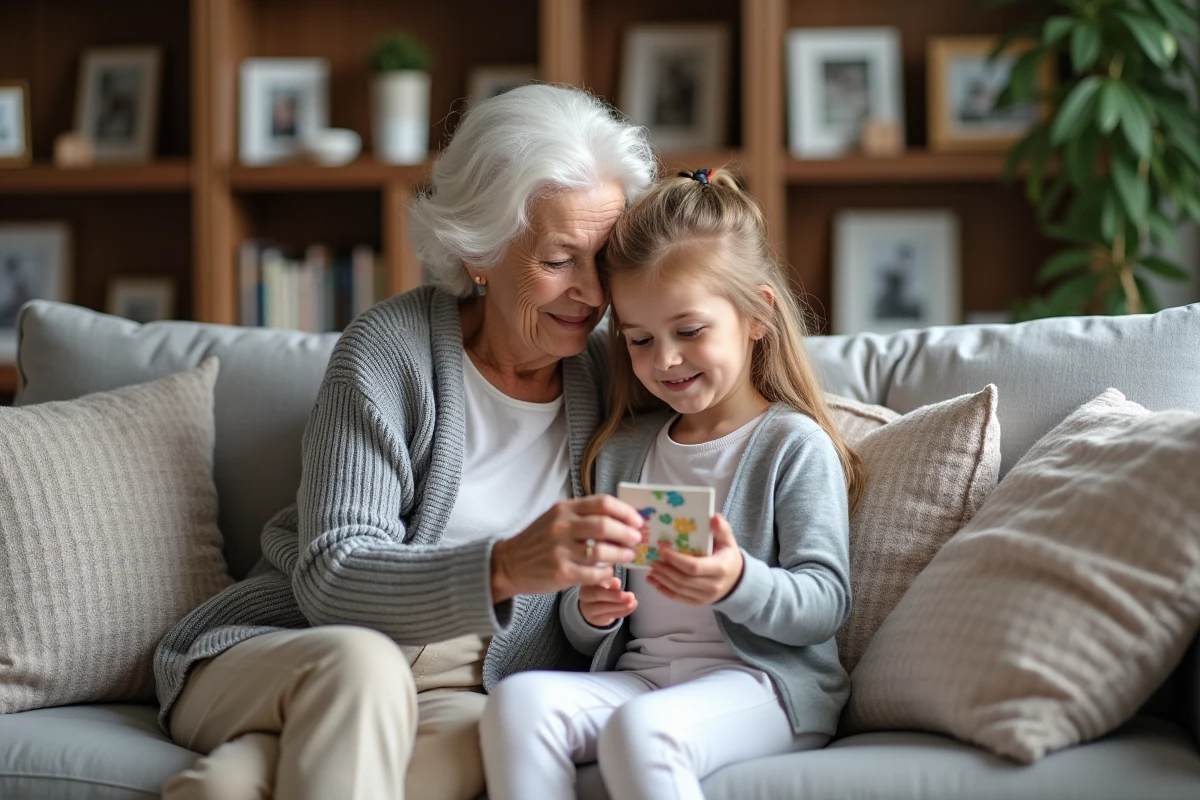 Une grand-mère et sa petite fille jouent avec un puzzle coloré