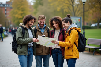 Groupe d'amis souriants autour d'une carte dans un parc urbain
