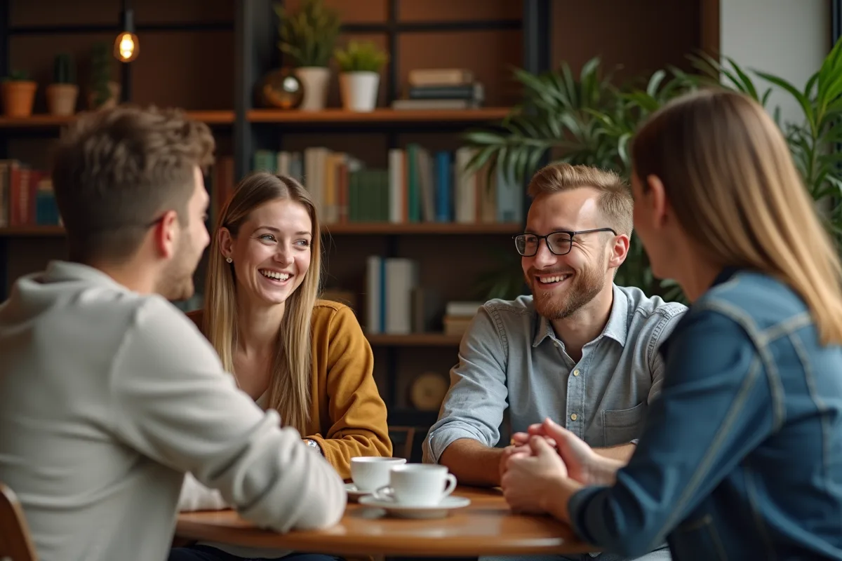 Groupe de quatre adultes discutant dans un café chaleureux