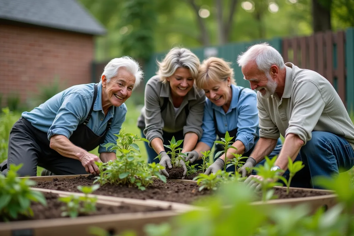 Groupe divers plantant des arbres dans un jardin communautaire