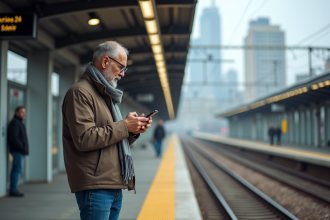 Homme d'âge moyen attendant le train avec smartphone