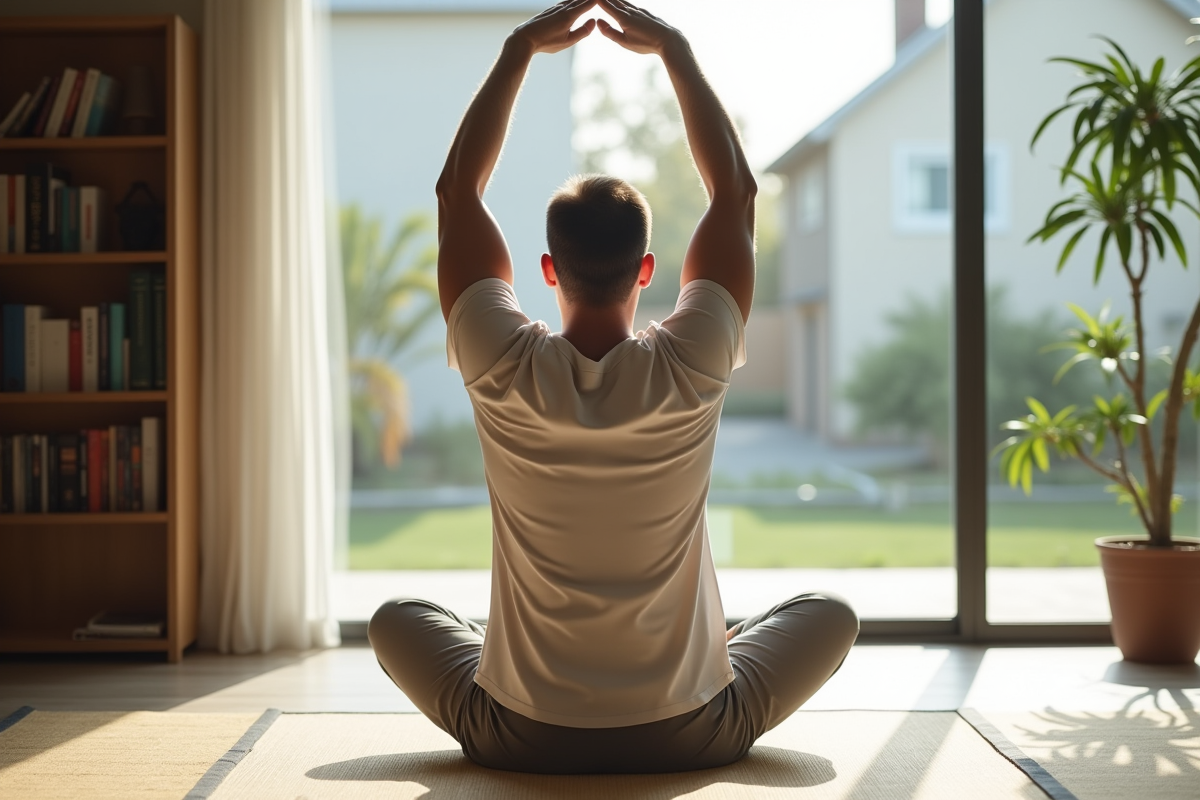 Homme se stretchant assis sur un tatami dans un salon minimaliste