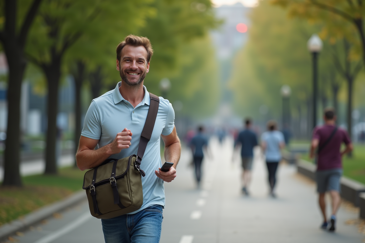 Homme courant dans un parc urbain avec sac à messenger