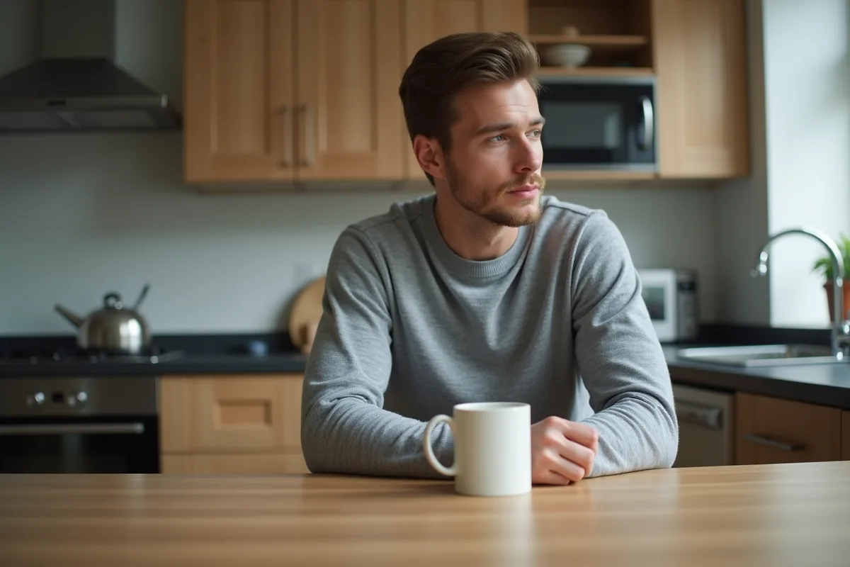 Homme pensif assis à la cuisine dans un appartement moderne