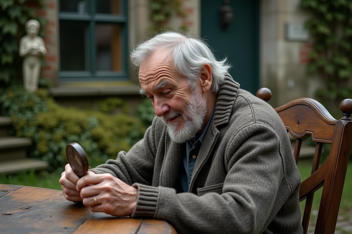 Homme âgé inspectant un petit miroir dans un jardin ancien