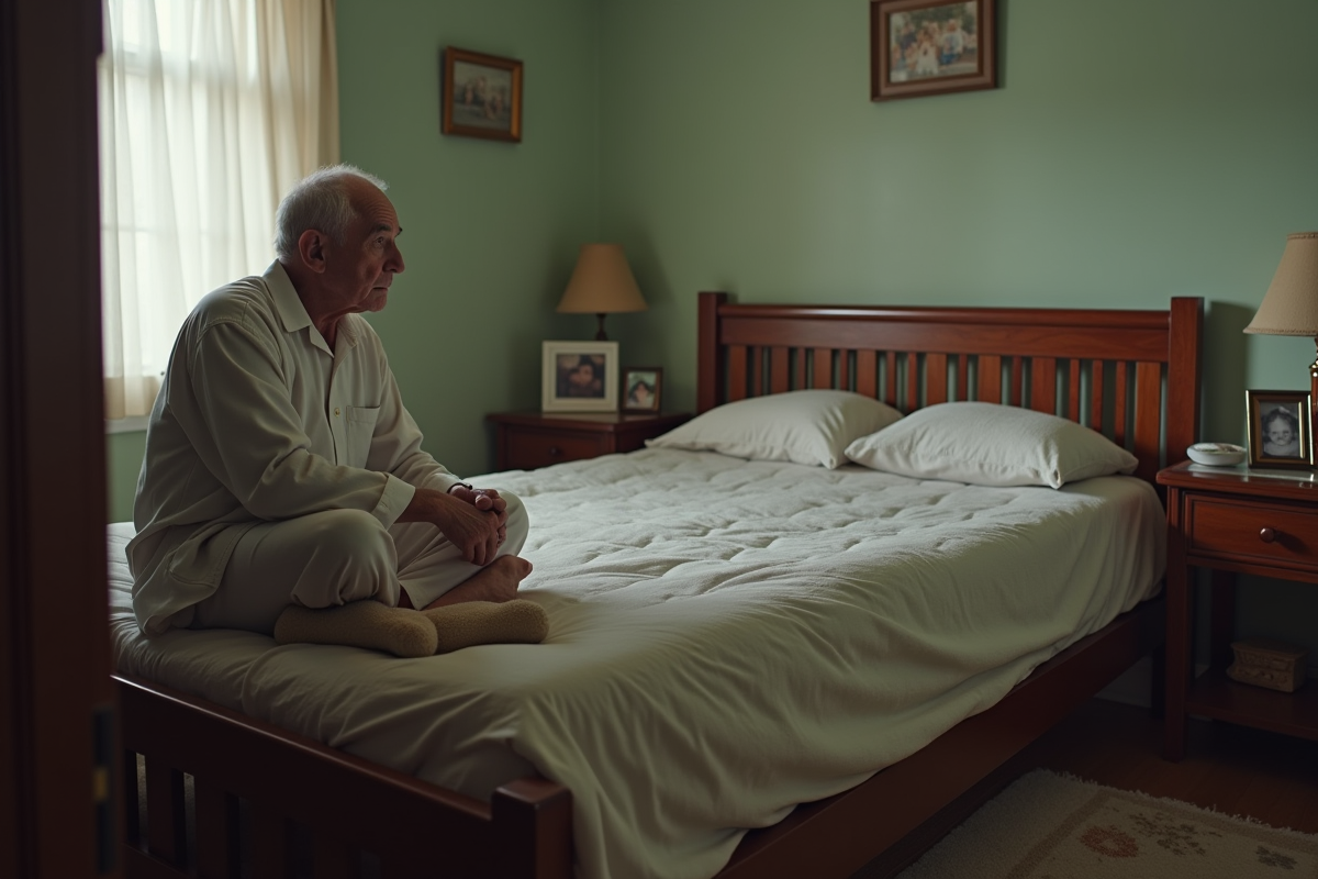 Un homme âgé pense avant de dormir dans sa chambre