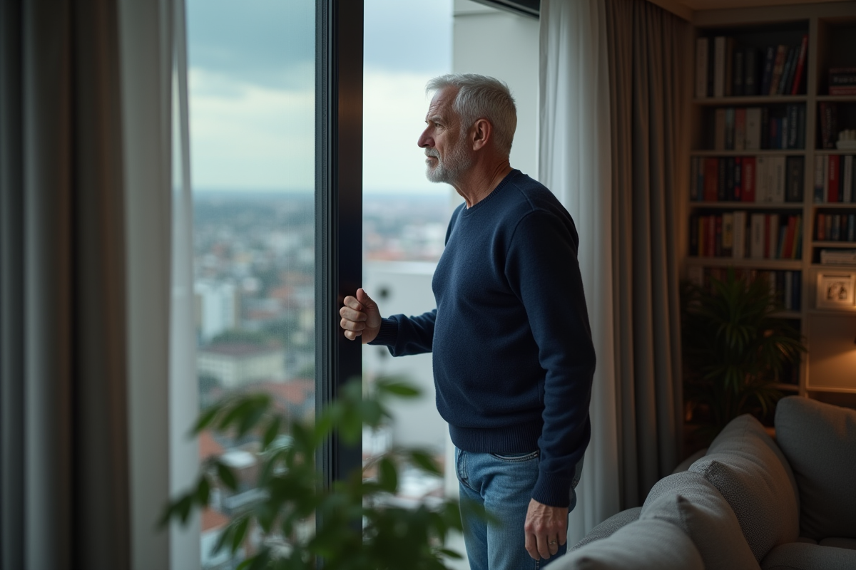 Homme pensif regardant par la fenetre du salon