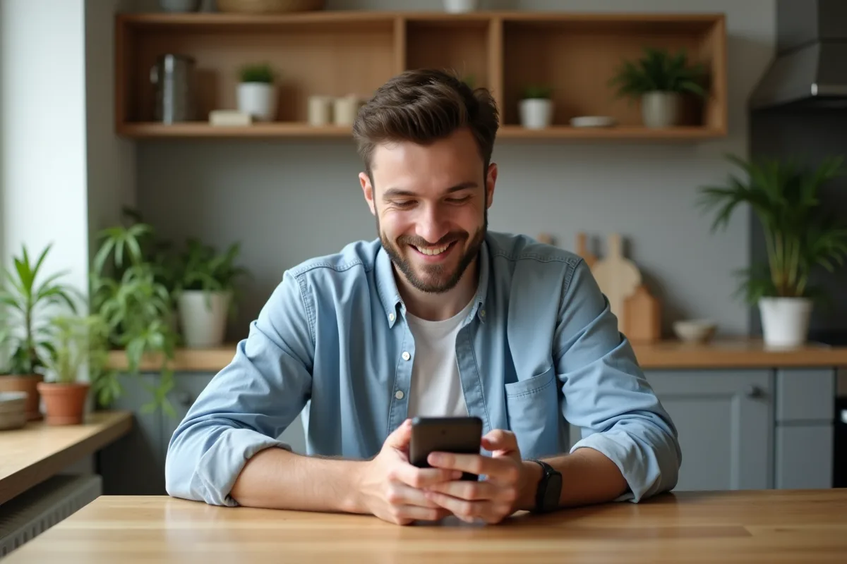 Homme assis à une table de cuisine utilisant son smartphone