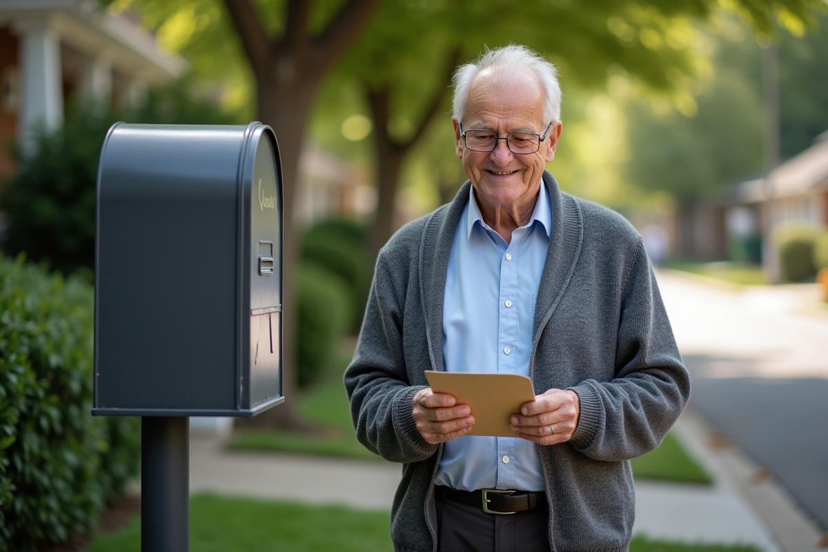 Homme âgé examinant une lettre à la boîte aux lettres