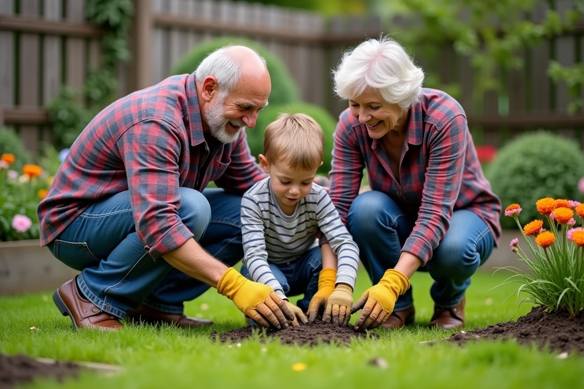 Deux grands-parents aident leur petit-fils à planter des graines dans le jardin