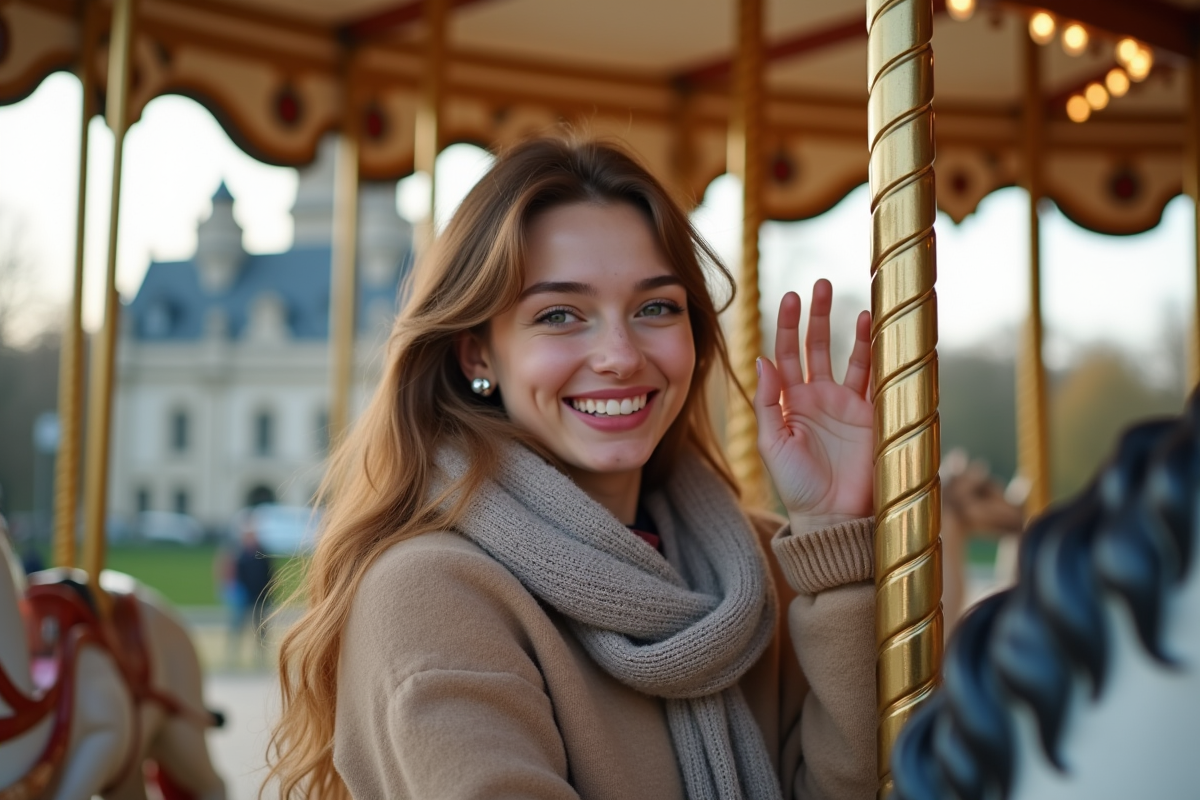 Jeune femme souriante sur un cheval de carrousel en parc européen
