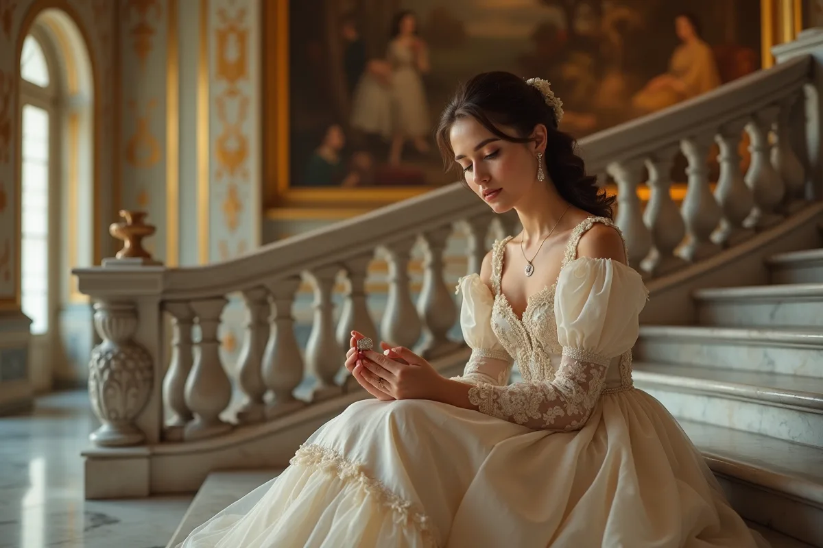 Jeune femme en robe vintage dans un palais au lever du jour
