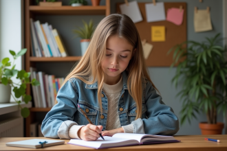 Jeune fille en sweater écrit dans un carnet dans sa chambre organisée