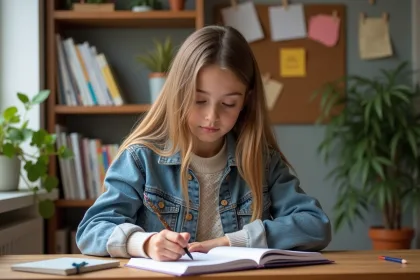 Jeune fille en sweater écrit dans un carnet dans sa chambre organisée