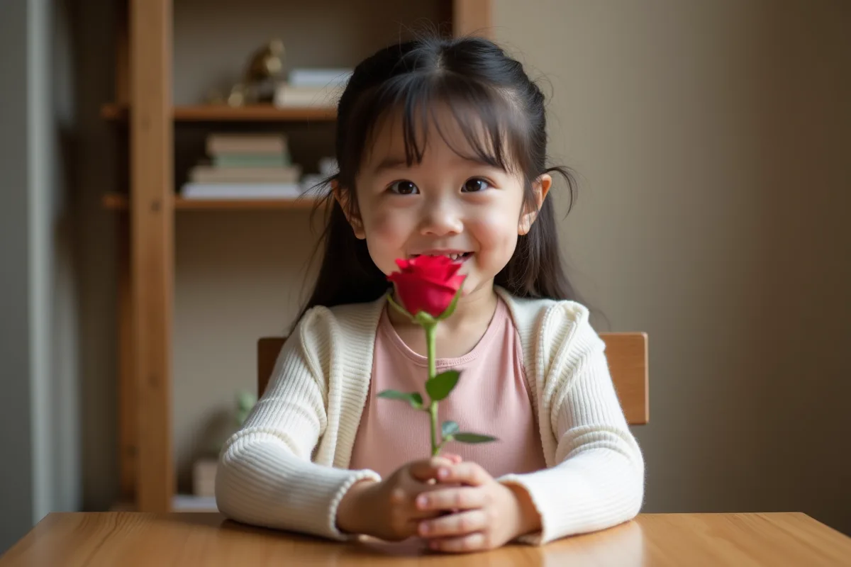 Jeune fille en robe rose pâle tenant une rose rouge dans un intérieur chaleureux