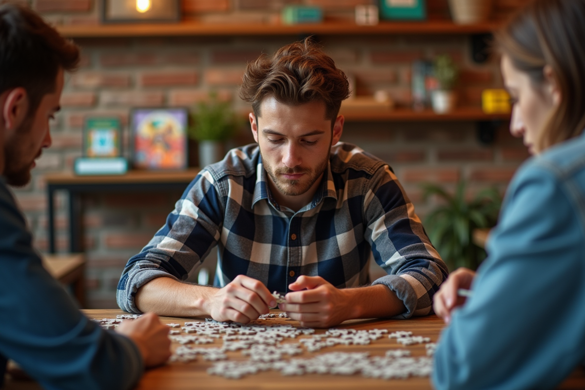 Jeune homme examine des pièces de puzzle avec des amis au café