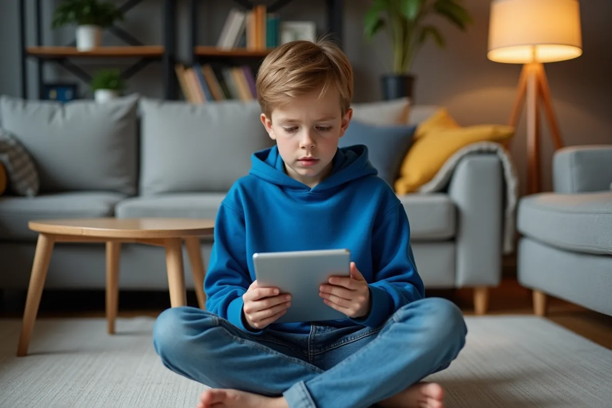 Adolescent concentré avec tablette dans un salon moderne
