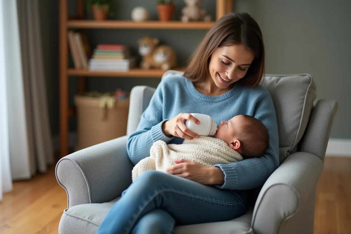 Maman souriante donnant un biberon à son bébé dans un salon chaleureux