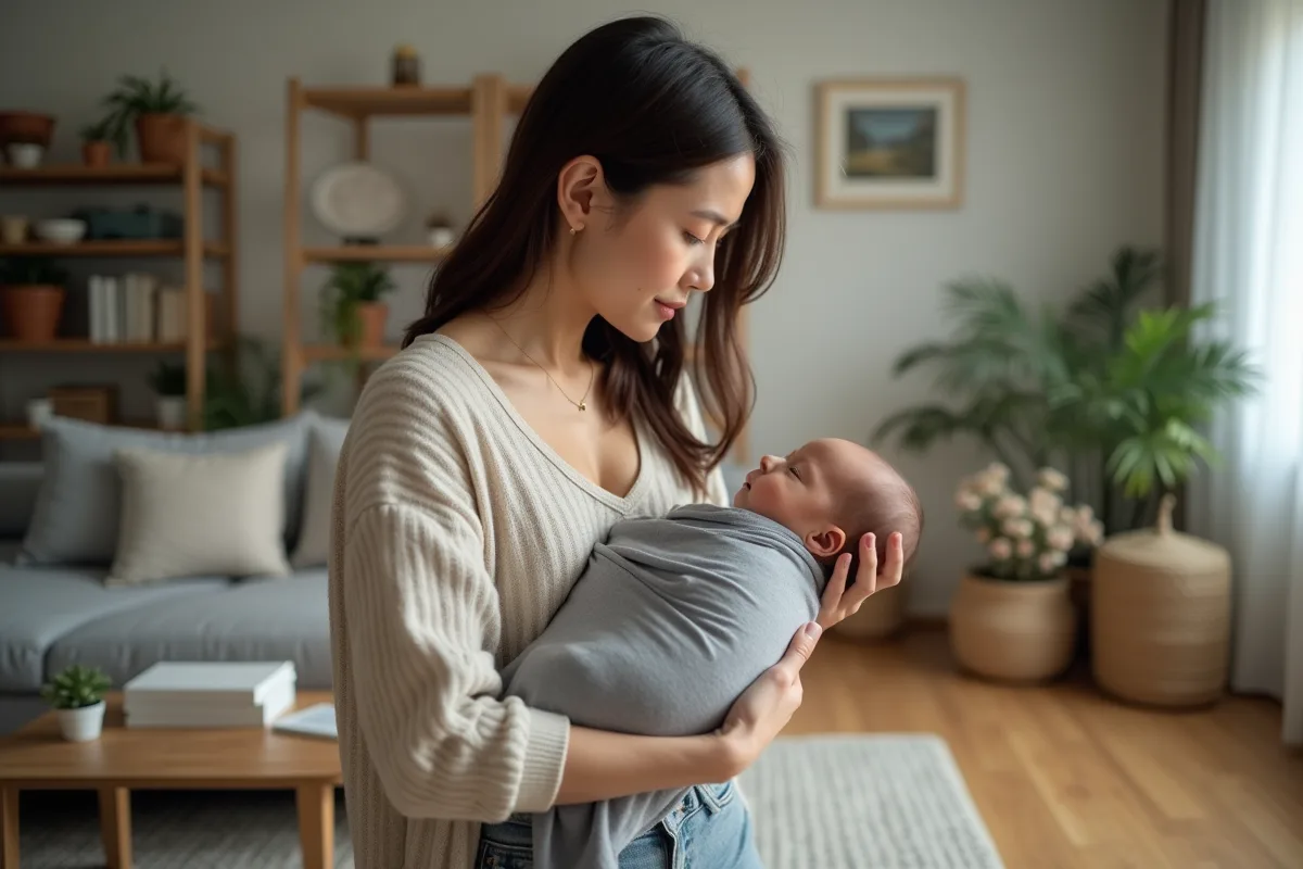 Jeune maman posant son bébé dans un porte-bébé doux